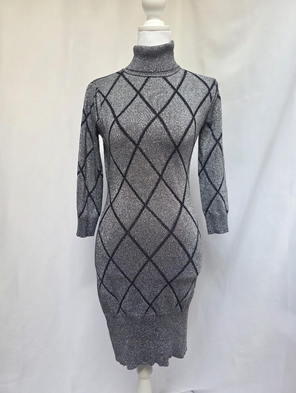 VENUS Metallic Silver Shimmer Argyle Turtleneck Sweater Dress XS